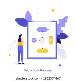 Woman looking at flow diagram drawn on tablet. Concept of workflow process chart or scheme, strategic planning, business system or structure . Modern flat colorful vector illustration for banner.