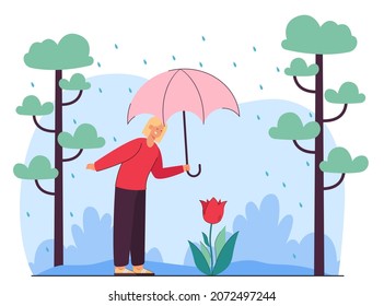 Woman looking at flower under rain. Female character walking in park with umbrella flat vector illustration. Outdoor activity, nature, leisure concept for banner, website design or landing web page