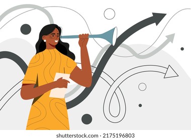 Mujer con ganas. Las mujeres empresarias o empresarias planean y crean una estrategia de empresa. Visión del futuro, fijación de objetivos y motivación. Liderazgo y ambición. Dibujo vectorial plano de dibujos animados