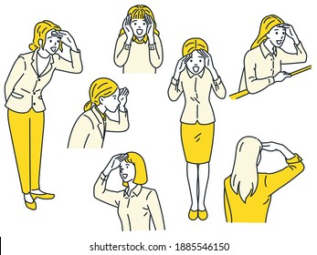 Woman looking forward with hand in forehead, in concept of searching and look to future. Vector illustration character set, outline, linear, thin line art, hand drawn sketch, simple style.