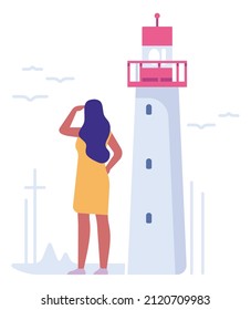 Woman looking forward on lighthouse. Outdoor travel destination
