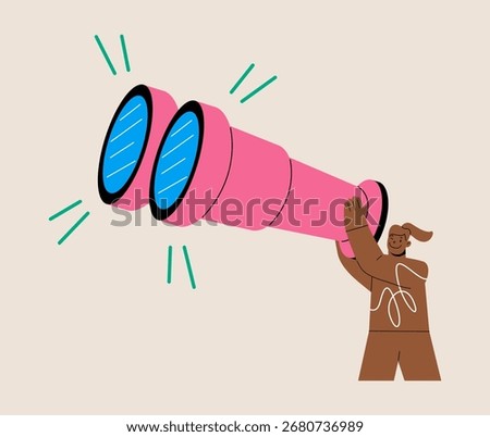 Woman looking future through big binoculars. Colorful vector illustration

