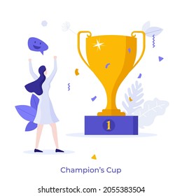 Woman looking at golden goblet and celebrating victory. Concept of champions cup, winning business competition, winner's prize, successful leader. Modern flat colorful vector illustration for banner.