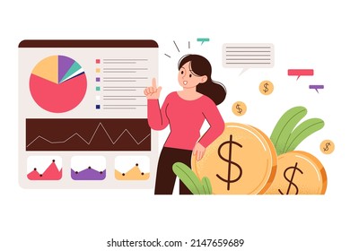 A woman looking at the graph of the household book and the trends in money use. Money usage analysis, review concept business vector illustration.