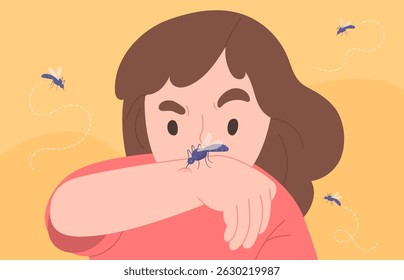 Mulher olhando para a mão com picada de mosquito irritado vermelho com mosquitos fritando ao redor. Inchaço e marca da coceira. Ilustração vetorial para medicina, alergia, inseto, prevenção, Dengue, vírus da malária.