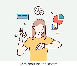 woman looking at handwatch. Hand drawn style vector design illustrations.