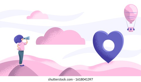 Woman looking at heart pointer. Romantic life concept. Partner search or dating application banner template. Pink violet landscape with hill and cloud. Textured flat vector illustration for Valentine