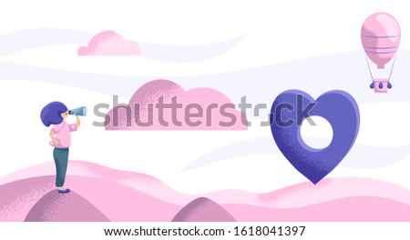 Woman looking at heart pointer. Romantic life concept. Partner search or dating application banner template. Pink violet landscape with hill and cloud. Textured flat vector illustration for Valentine