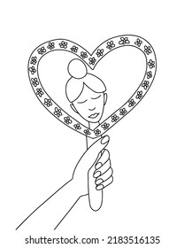 Woman looking in heart shape mirror coloring page illustration. Hand drawn flowered mirror and beautiful woman looking bector illustration. Coloring book for children and adults