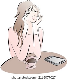 woman looking at her cell phone while drinking coffee