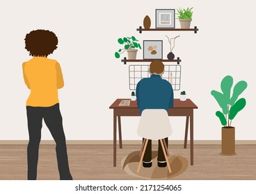 Woman looking her employee work at working area. Man sitting in office flat cartoon characters. Art, vast, cactus, window, computer in modern interior.