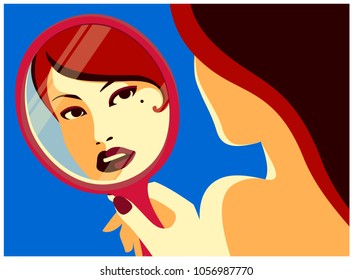 Woman looking at her face reflected in the mirror fashion minimal pop art style flat design vector illustration
