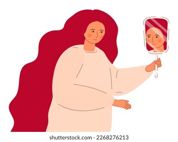 Woman looking at her happy reflection in mirror. Positive lady expressing love and care. Love for yourself, high esteem and body positive concept vector.