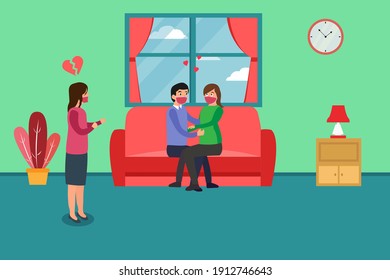 Woman looking at her husband with lover on sofa at home, unfair relations, partner cheating