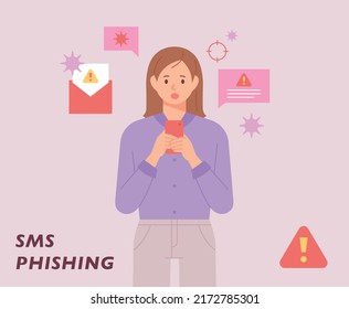 A woman is looking at her phone. She has many spam messages on her cell phone. flat design style vector illustration.