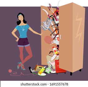 Woman looking at her possessions falling out of a overfilled closet, EPS 8 vector illustration