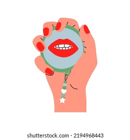 Woman looking at her reflection in the mirror with love. Hand drawn isolated Vector illustrations. Cartoon flat style. Self love