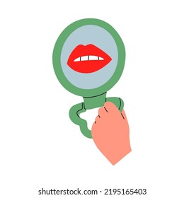 Mujer mirando su reflejo en el espejo con amor. Ilustraciones de vectores aisladas dibujadas a mano. Caricatura de estilo plano. Autoamor