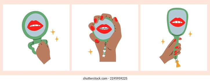 Woman looking at her reflection in the mirror with love. Hand drawn isolated Vector illustrations. Cartoon flat style. Self love