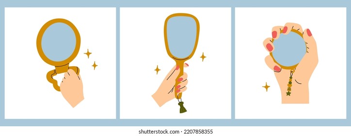 Frauen, die ihr Spiegelbild mit Liebe betrachten. Handgezeichnete einzelne Vektorgrafiken. Cartoon-Flachstil. Selbstliebe