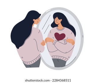 Woman looking at her reflection in the mirror and hugs herself. Self love, self care concept cartoon modern flat vector illustration.