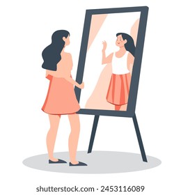 Una mujer está mirando su reflejo en un espejo, hecho a mano no AI.
