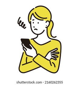 A woman looking at her smartphone with a troubled expression