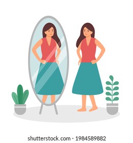 Woman Looking Herself Full Body In Mirror Flat Design On White Background. Self Confidence. Happy Female Love Her Body Shape And Dress.