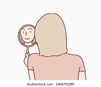 Woman Looking At Herself In The Mirror. Hand drawn style vector design illustrations.