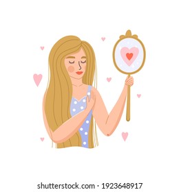 Mujer mirándose en el espejo. Autocuidado, autoaceptación, amor a ti mismo, concepto de narcisismo. Ilustración vectorial sobre fondo blanco.