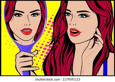 Woman Looking At Herself In The Mirror. Vector Illustration In Pop Art Comic Book Style