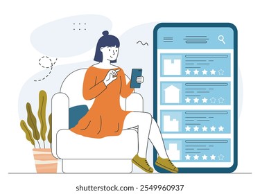 Mulher procurando um hotel. Menina com smartphone na mão aluga apartamento na Internet. Viagens e turismo. Férias e férias. Ilustração de vetor linear isolada no plano de fundo branco