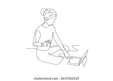 Woman looking at how to lift dumbbells from online classes in tab. Online fitness classes concept one-line drawing