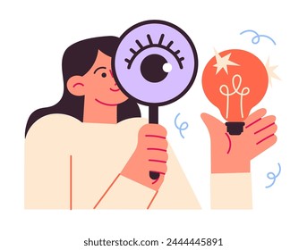 Woman is looking at the idea through a magnifying glass