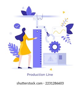 Woman looking at industrial robotic manipulator and gearwheel. Concept of production line, product assembly on coveyor belt, manufacturing process. Modern flat vector illustration for banner, poster.