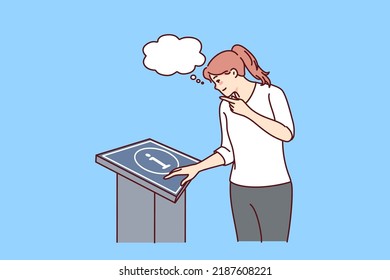 Woman looking at information board thinking. Girl consult info table in administration building. Client service concept. Vector illustration. 