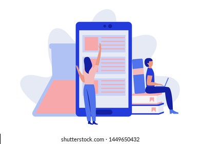 Woman looking for information on giant smartphone. Man reading a book leaning on stack of books. Online education concept. Flat vector illustration.