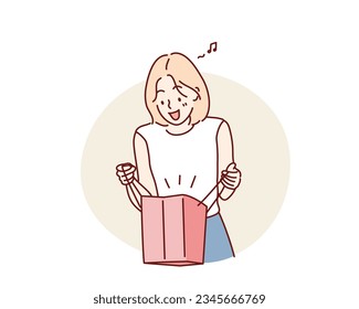  woman looking inside shopping bags. Hand drawn style vector design illustrations.