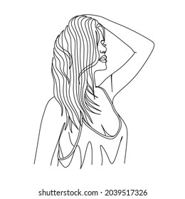 Woman looking into the distance. Abstract face with glasses by one line vector drawing. Portrait minimalistic style. Botanical print. Nature symbol of cosmetics. 