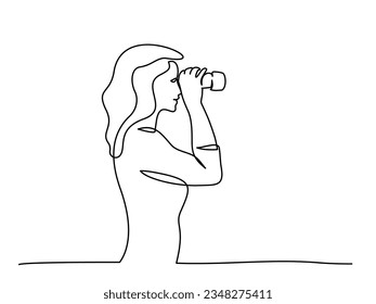 Woman looking into distance with binoculars. Continuous one line drawing. Concept of searching for truth. Single line design vector graphic illustration