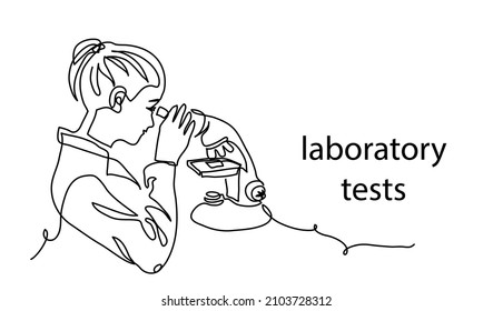 Woman looking into microscope minimal background  banner  poster  One continuous line art drawing for laboratory tests concept 