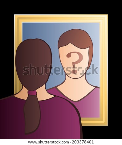 A woman is looking into the mirror asking herself "Who am I?". In her face there is a big question mark to bring ones consciousness into question. Vector illustration.