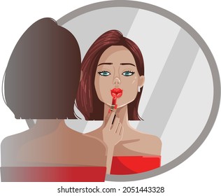 Woman Looking Into A Mirror Herself Use Cosmetic Red Lipstick Mack Up On Her Lips.