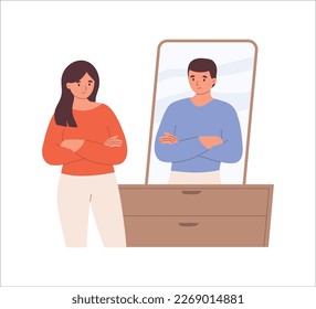 Woman looking into mirror and seeing herself as male. Gender dysphoria. Vector illustration.