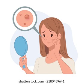 mujer mirando al espejo, problema acné. problema de piel. concepto de cuidado de la piel. Ilustración de caricaturas de vector plano.