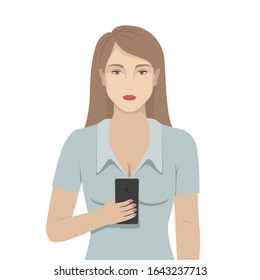 Woman looking into phone in her hand. Vector illustration.