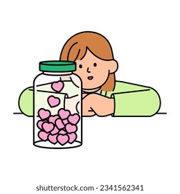 Woman Looking at the Jar of Love. Simple Vector Illustration.