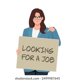 Woman with looking for job advertisement sign. Flat Vector Illustration Isolated on White Background