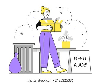 Woman looking for job linear. Young girl with cardboard box near signboard need job. Jobless person near trashcan. Candidate to vacancy. Doodle flat vector illustration isolated on white background