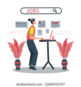woman looking for job on internet with laptop,job search.concept of starting career in business world.vector illustration,flat design,isolated and white background